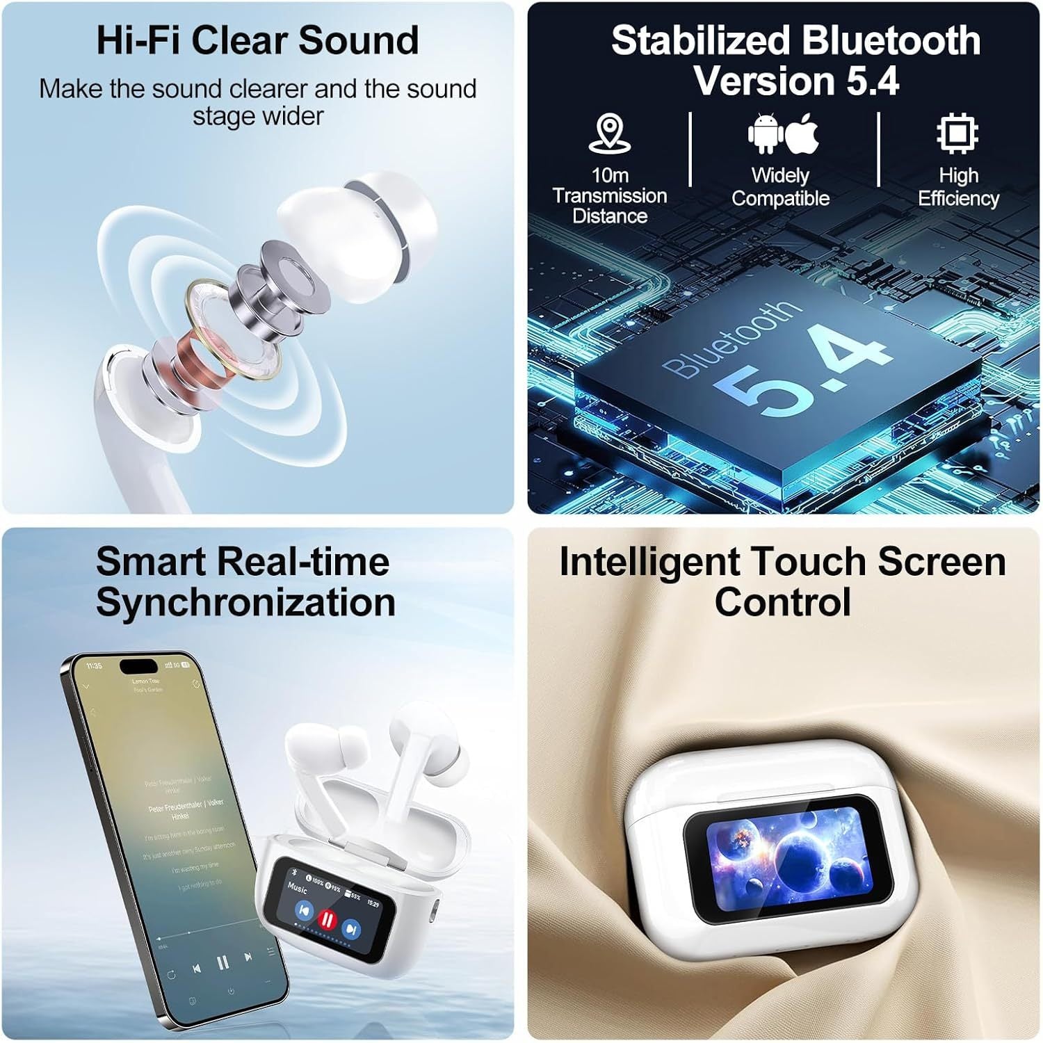 Wireless Earbuds, 5.4 Bluetooth Headphones With Touch Screen Ear Buds, ANC ENC Noise Cancelling Earbuds Headphones With Microphone, Wireless Bluetooth In Ear Earphones For Android IOS Phones - SlvmWrld Sauce